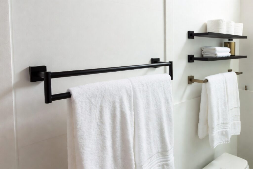 Wall-mounted matte black double towel bar with white bath towels and shelf combo in a clean modern bathroom.