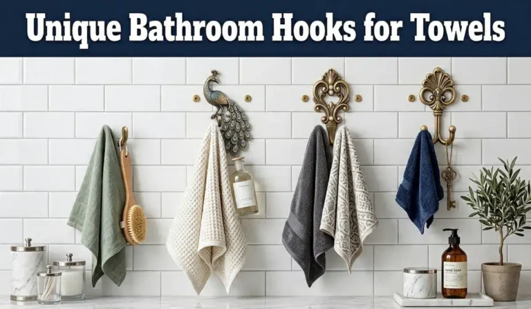 White tiled bathroom wall with four decorative brass towel hooks holding towels, with toiletries and a plant on the counter below.