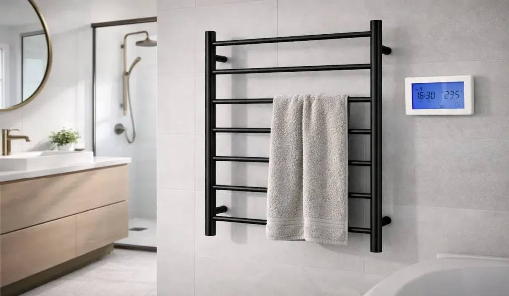 Image showing a modern bathroom with a black heated towel rack holding a gray towel, next to a digital timer control on the wall.