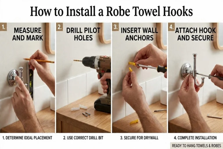 4-step infographic showing how to install a robe towel hook: 1. Measure and mark wall with pencil and level, 2. Drill pilot holes with drill, 3. Insert yellow wall anchors and secure, 4. Attach chrome hook and tighten with screwdriver. Text below reads 'How to Install a Robe Towel Hooks' with steps 'Determine ideal placement', 'Use correct drill bit', 'Secure for drywall', 'Complete installation