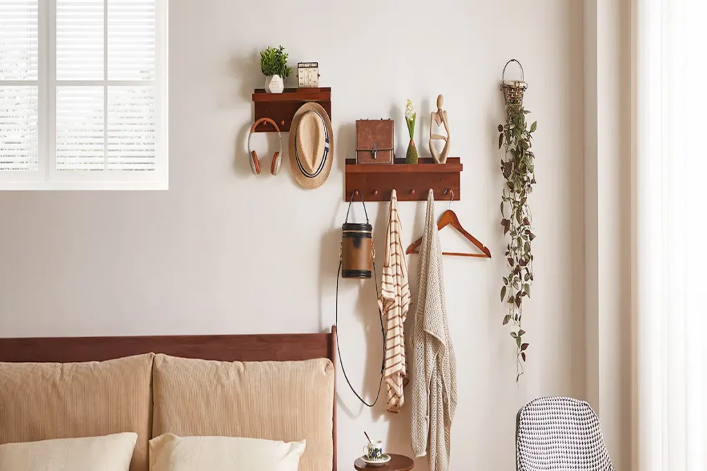 Aibiju Coat Hook Wall Mount with Shelf, 15.75in Wood Wall Hooks with Storage, for Entryway, Bathroom, Kitchen, Walnut Color YD-WS0240H