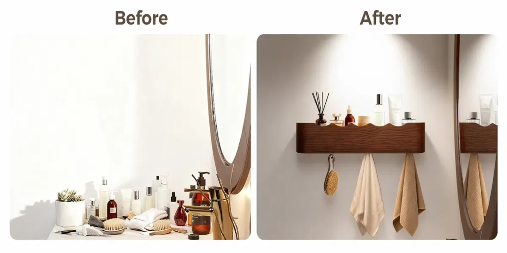 Coat Rack Wall Mount with Shelf Entryway Shelf Modern Key Holder Hanger Wall Shelves with Hidden Hooks for Hanging Towels Coats Hats Bags for Hallway Bathroom Bedroom(Wavy Oak, 4 Hooks)