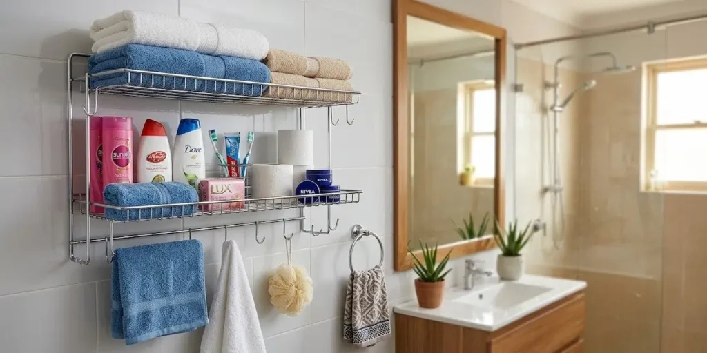 Chrome 2-tier wire bathroom shelving with hooks holding towels and toiletries, next to a wooden vanity and mirror in a bright tiled bathroom.