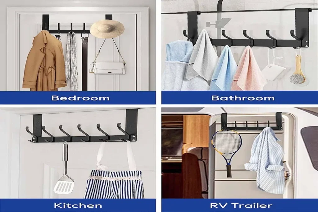 over-the-door hooks in bedroom, bathroom, kitchen and RV trailer