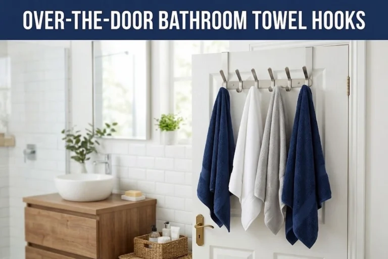 Over-the-door bathroom towel hooks holding four towels (navy blue, white, light gray, and navy blue) on a white door in a modern bright bathroom with a wooden vanity, white vessel sink, and large mirror.