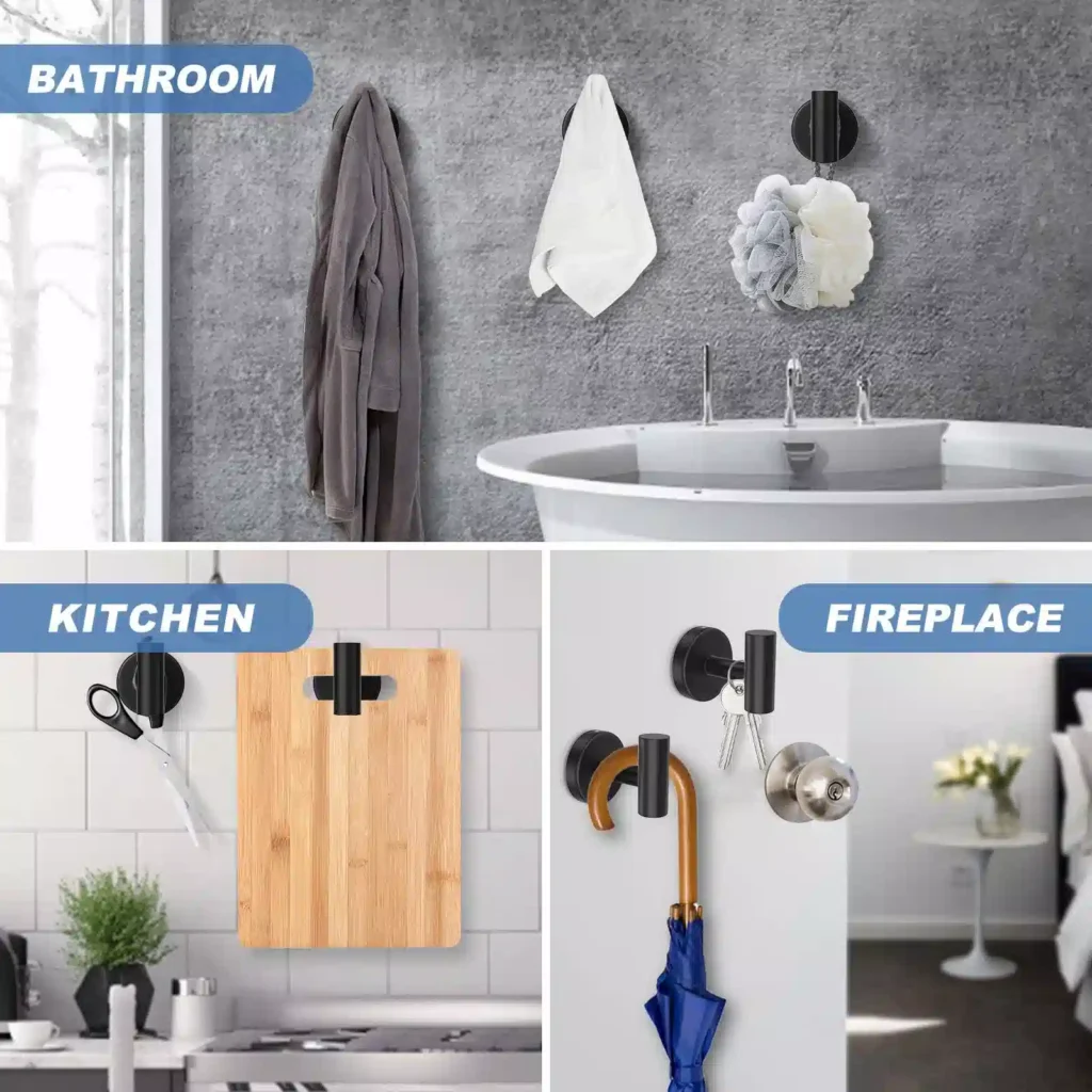 A versatile black wall-mounted hook set shown holding a robe, towel, and loofah in the bathroom; scissors and a cutting board in the kitchen; and keys, an umbrella, and a door knob in the entryway/fireplace area.