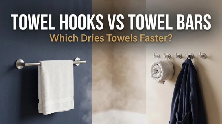 Comparison image of a towel bar and towel hooks side by side in a bathroom — bars for drying, hooks for hanging space.