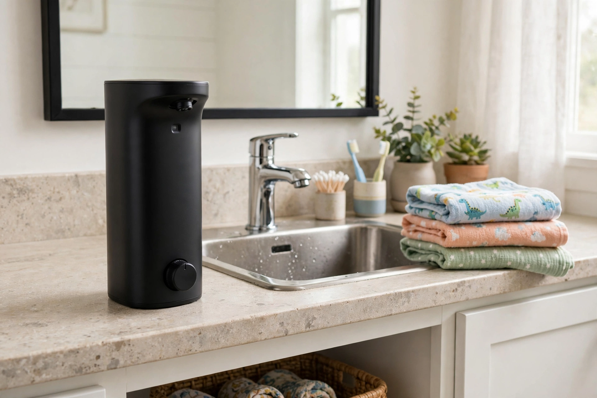 Aunmaon matte black touchless soap dispenser in a family bathroom