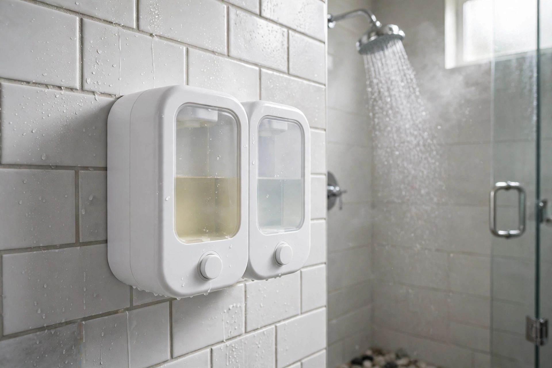 Better Living white dual-chamber shower dispenser mounted on a shower wall