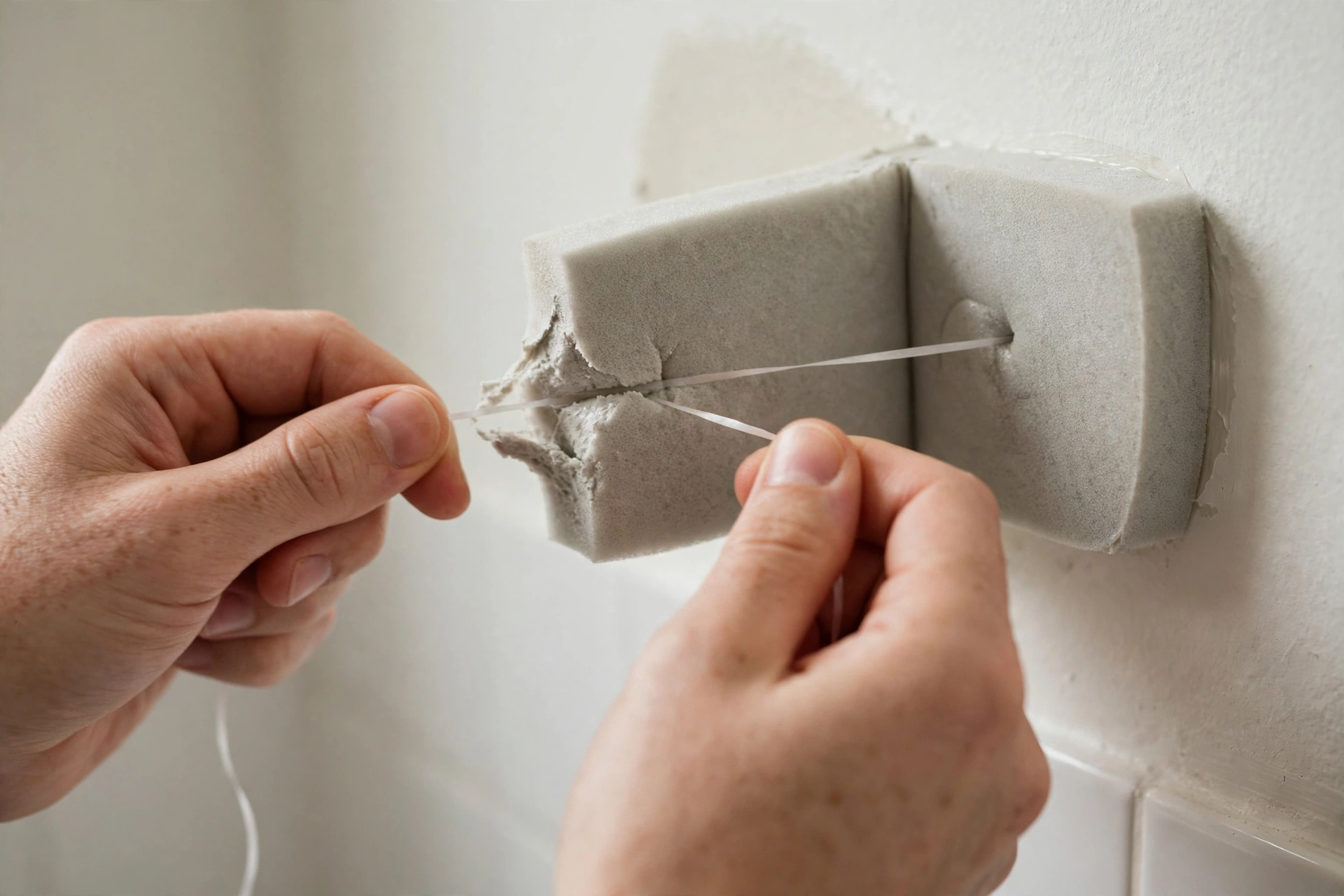 Hands sawing dental floss through a thick foam adhesive pad on a bathroom wall to separate it from the paint