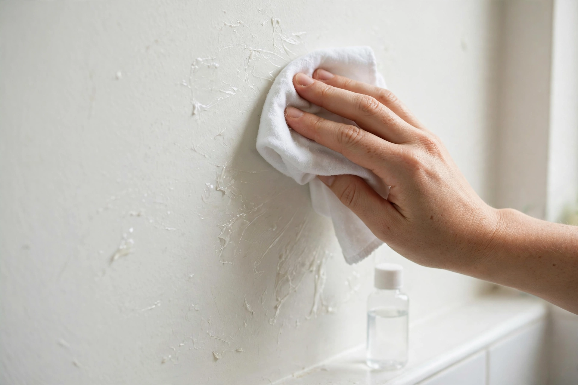 A hand wiping sticky adhesive residue off a painted bathroom wall with a soft white cloth, with a small clear bottle nearby
