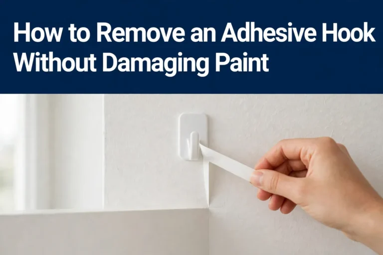 A hand peeling a white adhesive hook off a textured bathroom wall, below a navy banner reading How to Remove an Adhesive Hook Without Damaging Paint