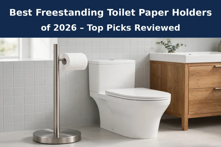 Freestanding toilet paper holder in brushed stainless steel next to a white toilet in a modern bathroom