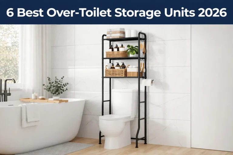 Black metal over-the-toilet shelving unit with towels, toiletries, and baskets, beside a freestanding bathtub in a bright bathroom