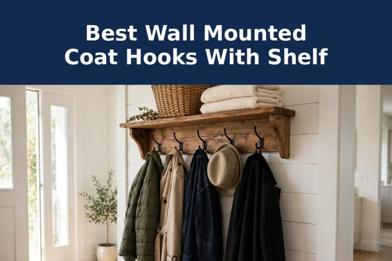 Wooden wall-mounted coat rack with a top shelf holding folded towels and a basket, and black hooks holding coats and a hat in an entryway