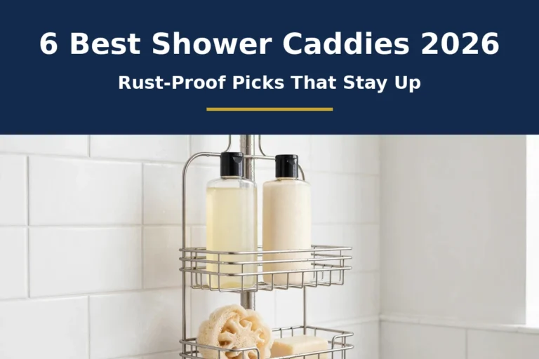 Hanging wire shower caddy holding two pump bottles in a white tiled shower