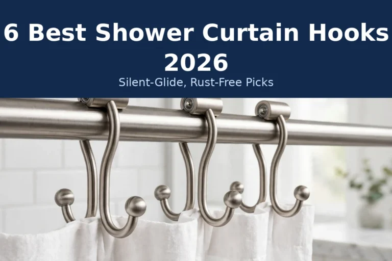 Brushed nickel double shower curtain hooks with ball ends on a metal rod holding a white shower curtain