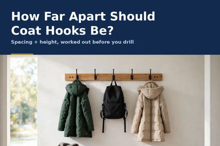Wooden coat rail with evenly spaced black hooks holding two winter coats and a backpack with clear space between them above an entryway bench
