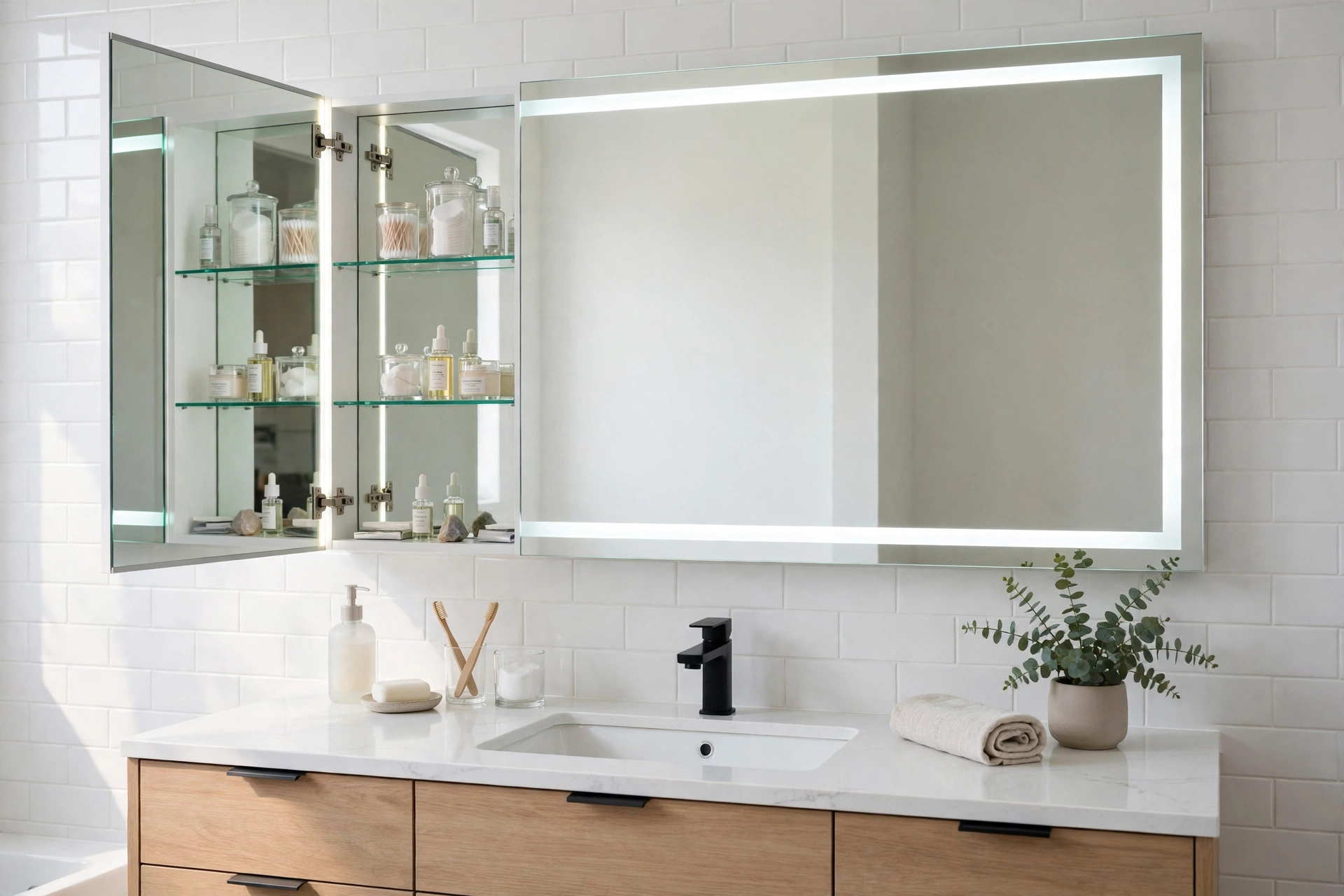 Mirrored medicine cabinet with LED lighting above a bathroom sink