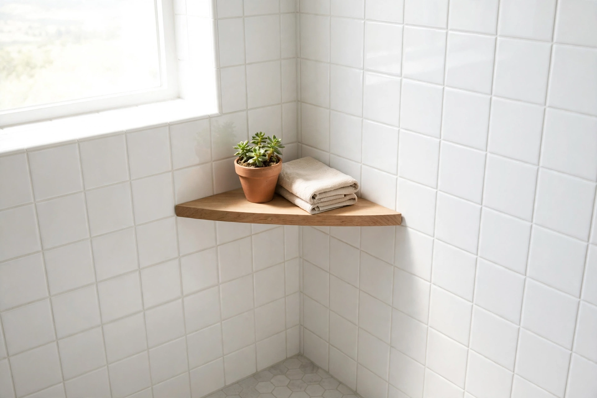 Triangular wood corner shelf with a plant and folded towel in a bathroom corner