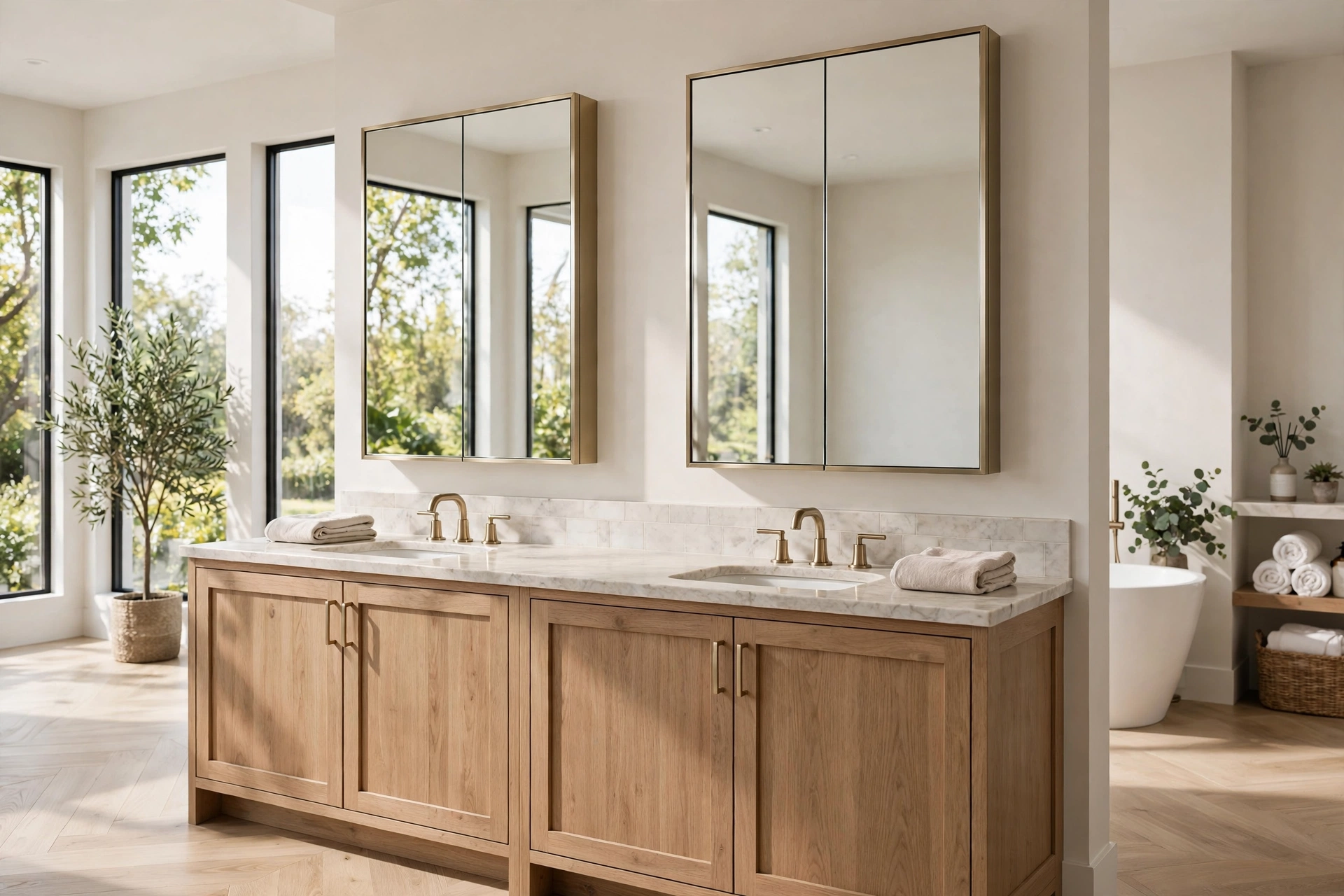 Double vanity with two mirrored wall cabinets above each sink