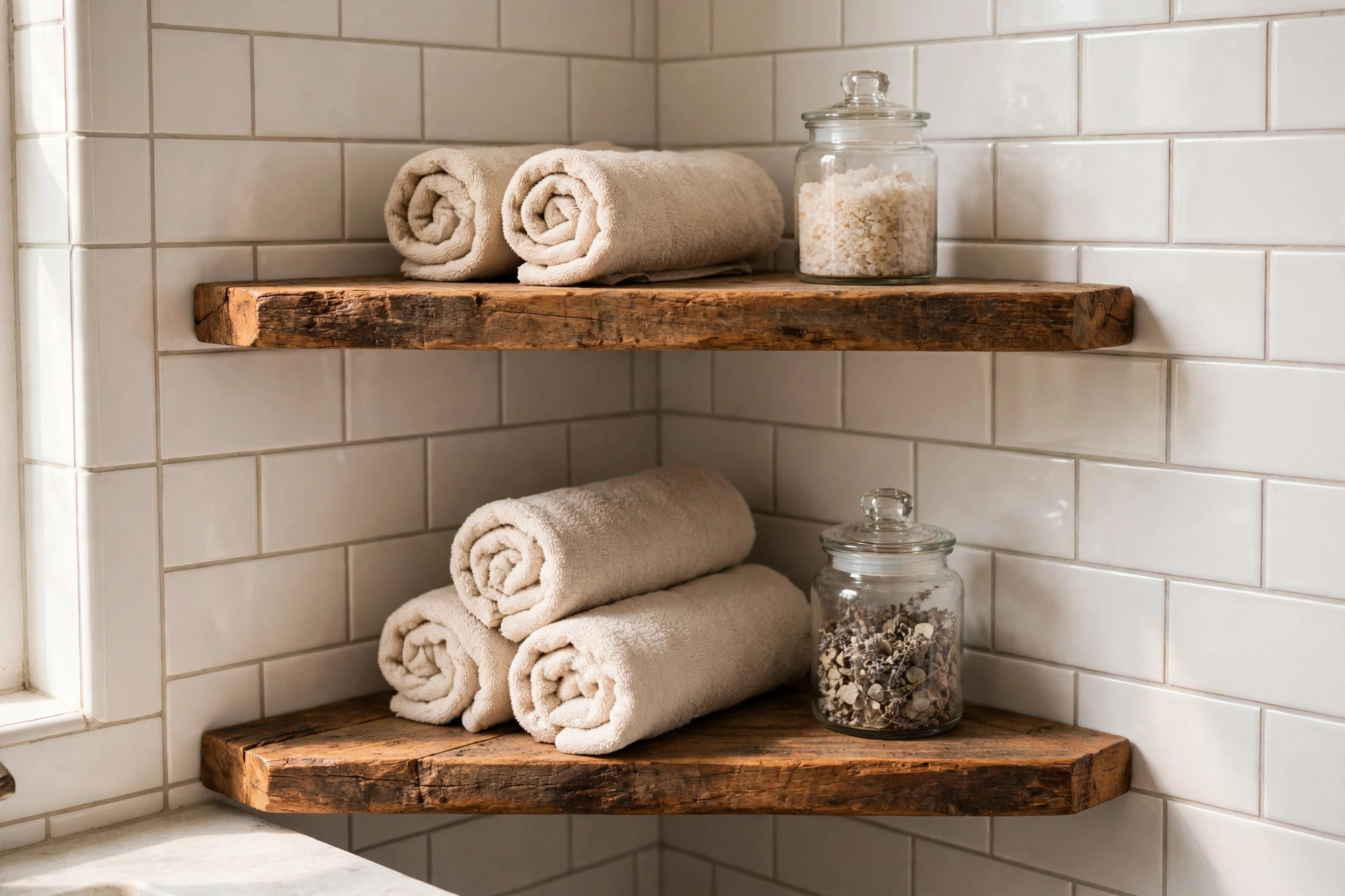 Reclaimed wood corner shelves with rolled towels in a bathroom corner