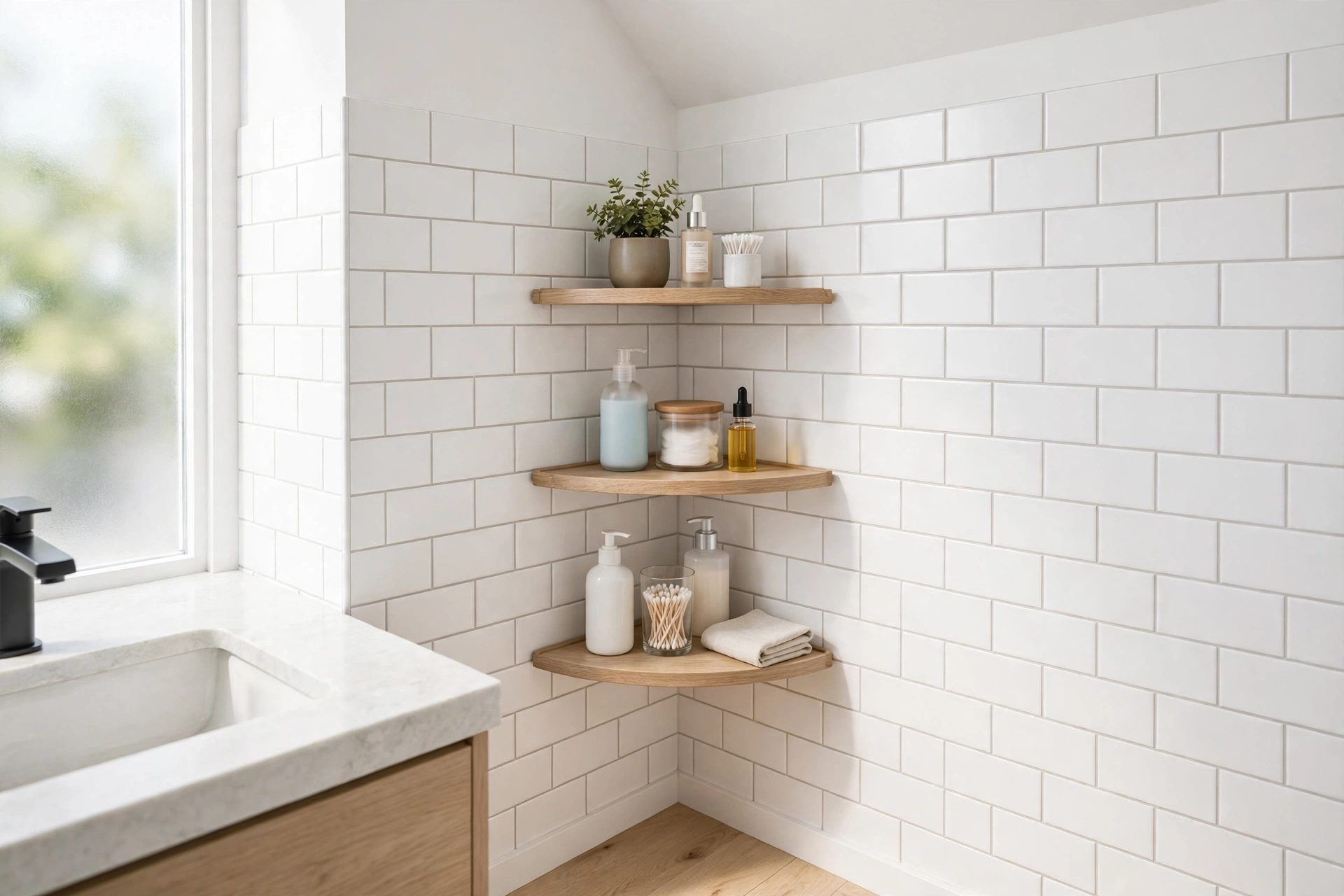 Three-tier corner shelf unit in light oak holding toiletries