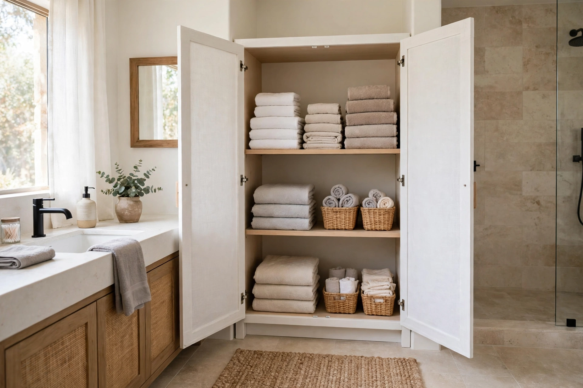 Tall full-height white linen cabinet with folded towels