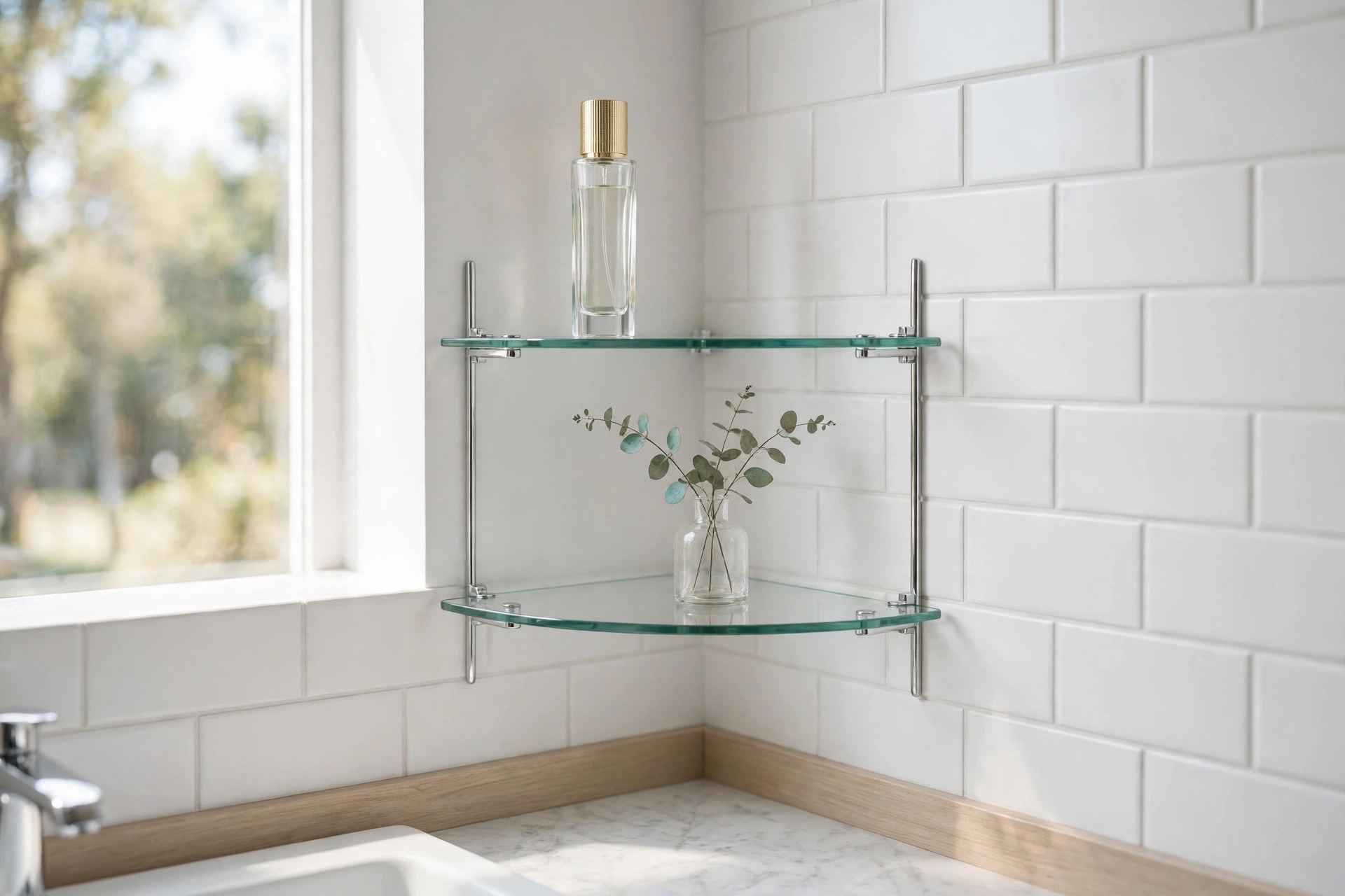 Clear glass corner shelves with chrome brackets in a bright bathroom
