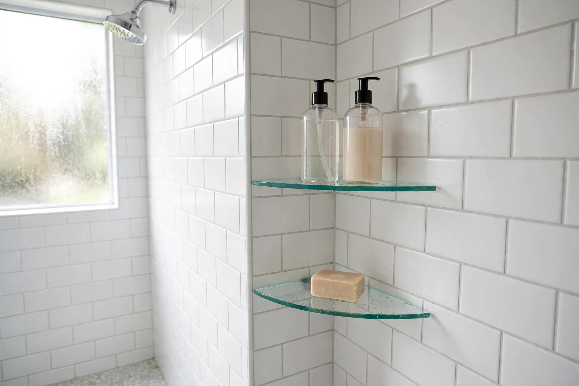 Floating glass corner shelves in a white tiled shower