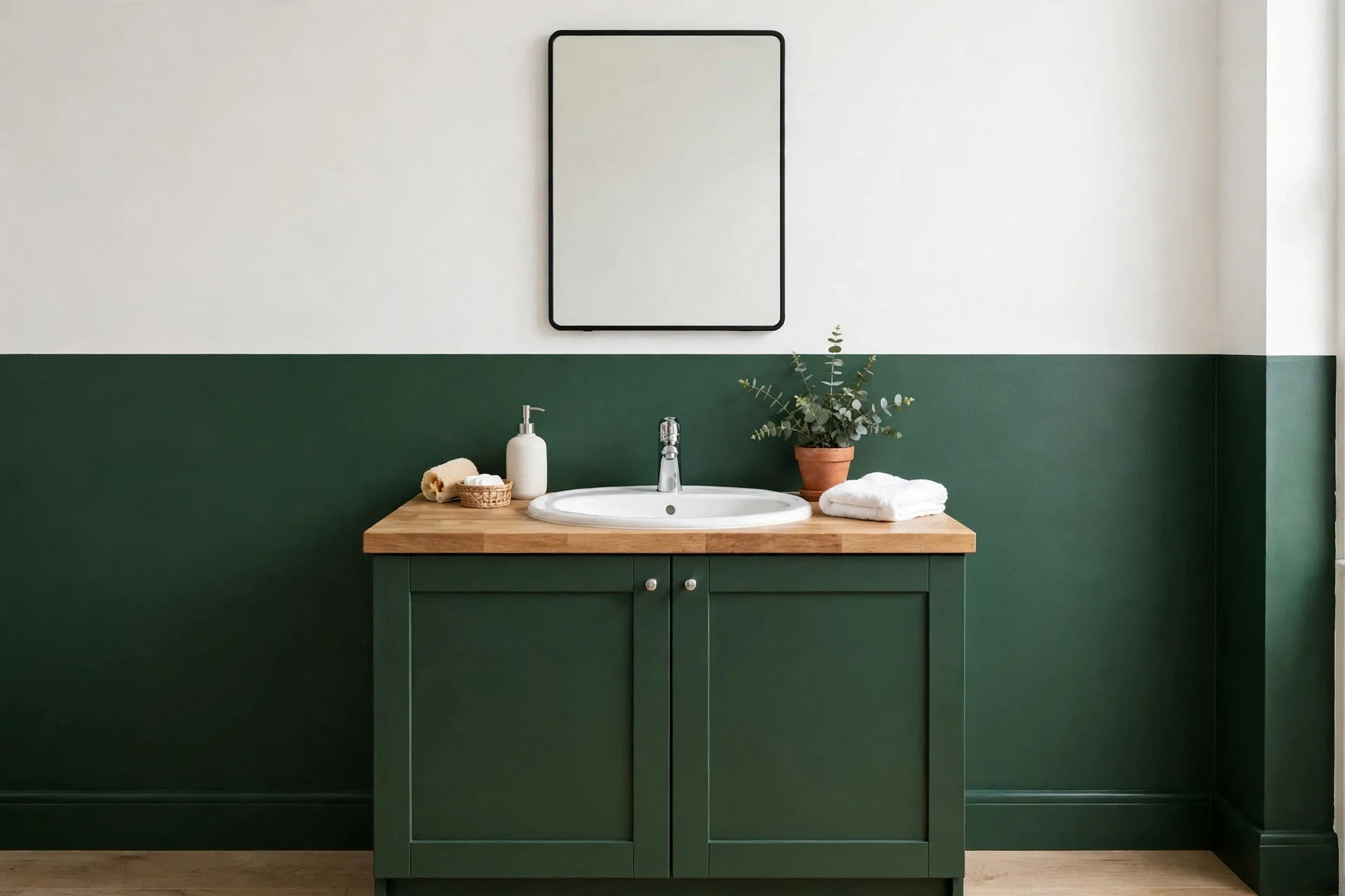 Two-tone painted backsplash in deep green and white behind a bathroom sink