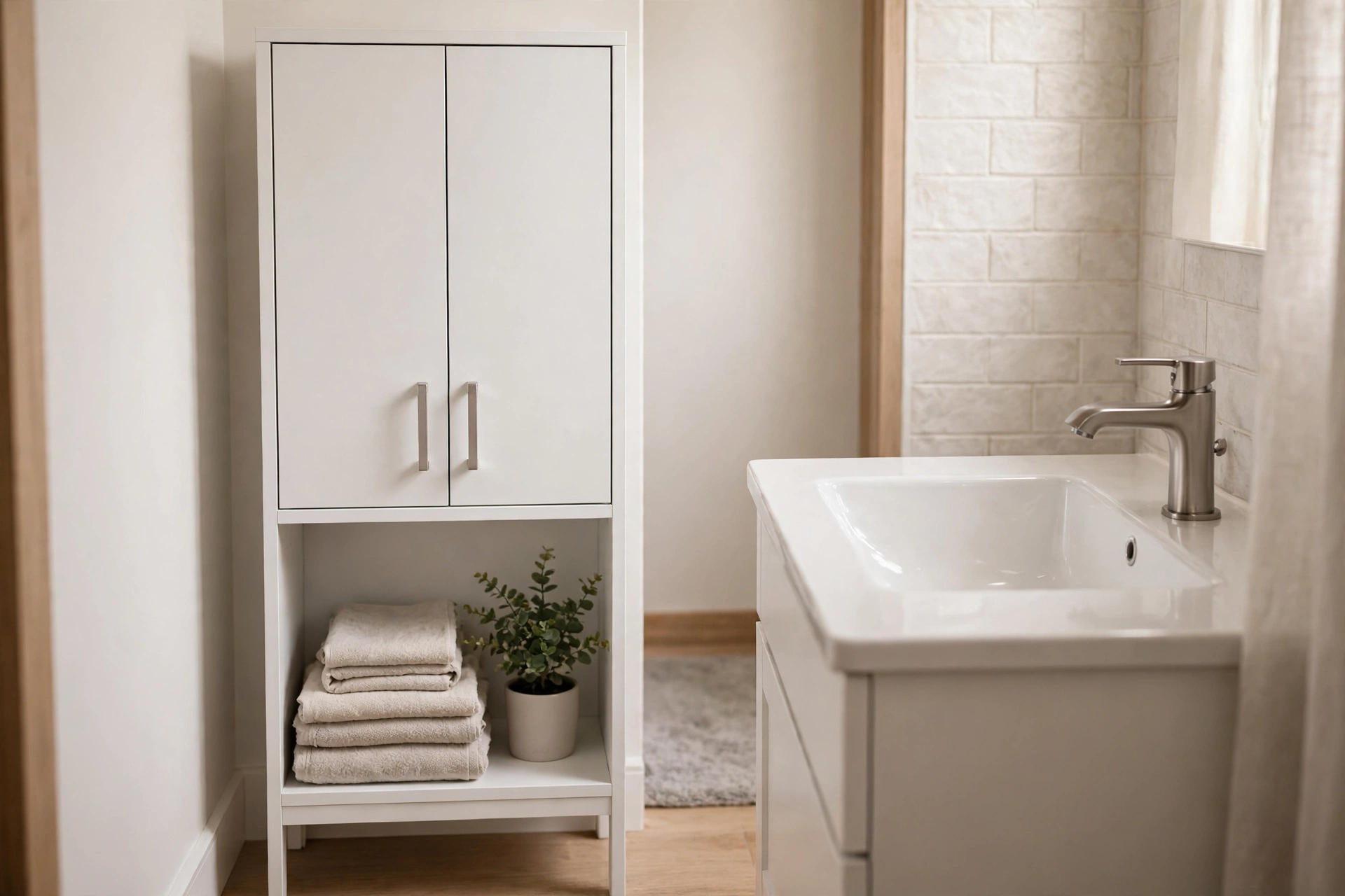 Slim freestanding cabinet beside a bathroom vanity