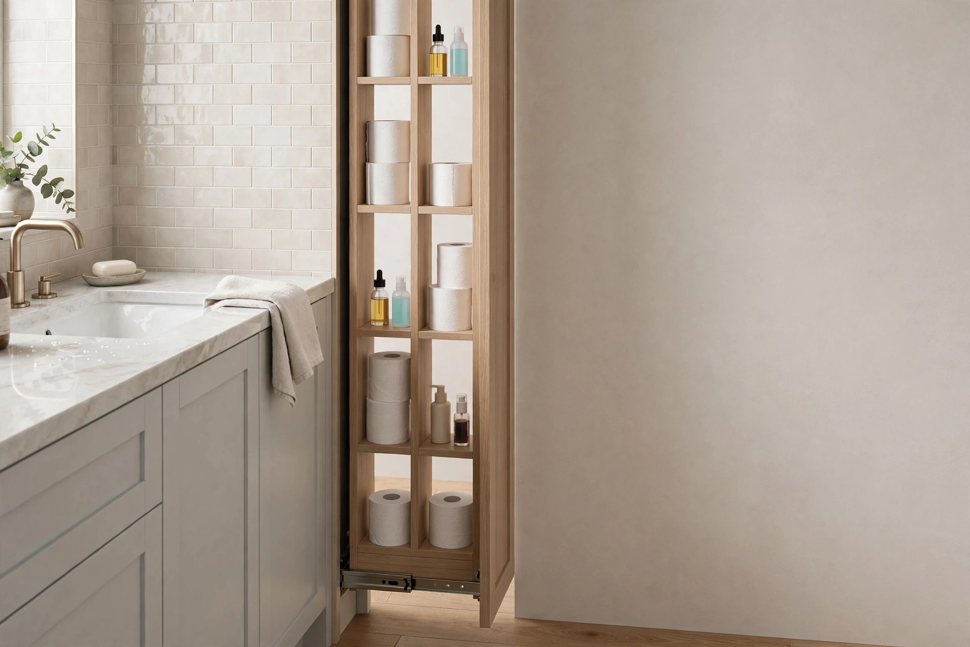 Narrow pull-out cabinet fitted into a gap between bathroom fixtures