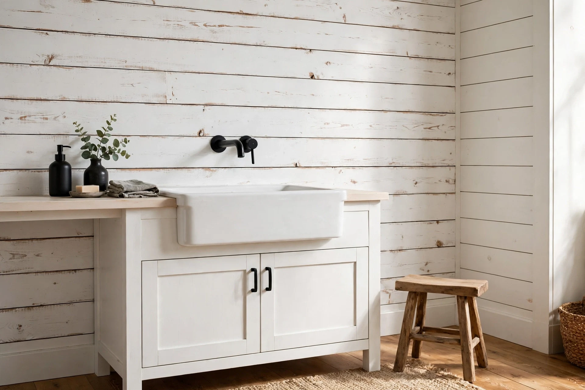 Painted white wood plank backsplash behind a bathroom vanity