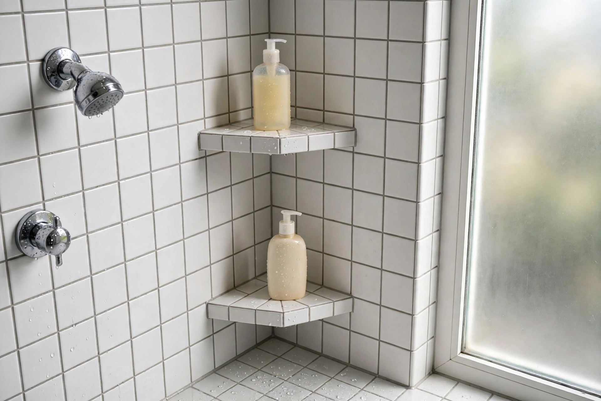 Tile corner shelves built into white shower tiles