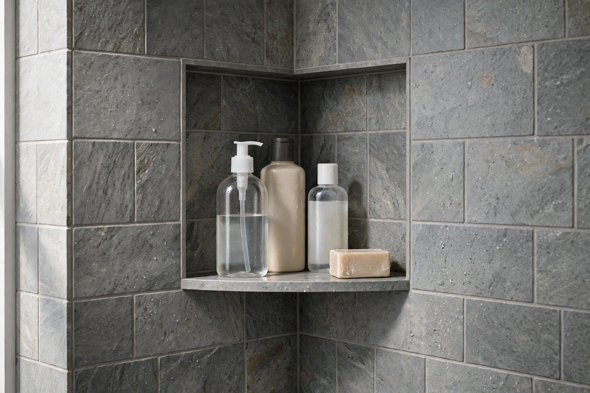 Built-in tile corner niche in a shower wall