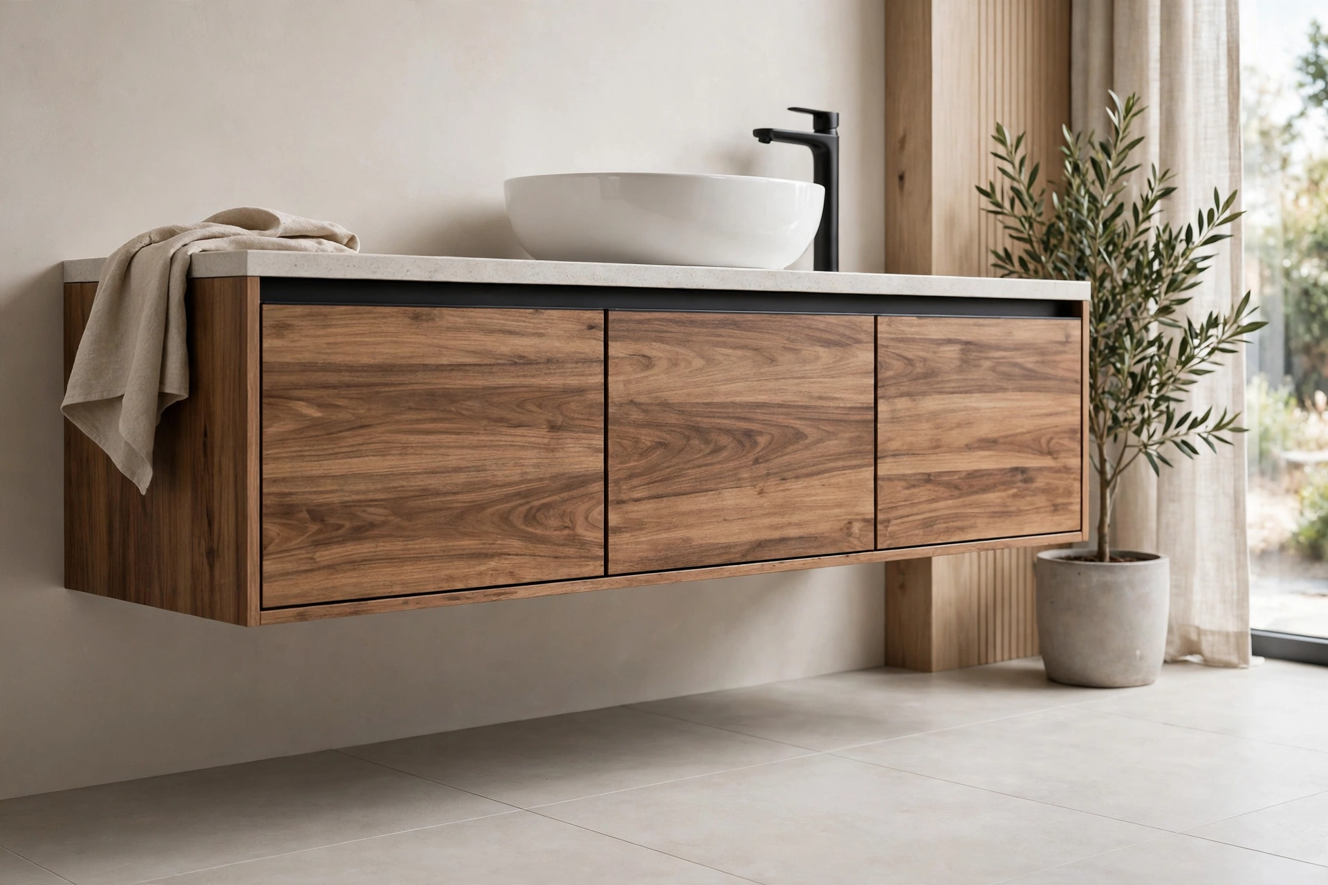 Floating vanity cabinet with deep drawers and open floor beneath