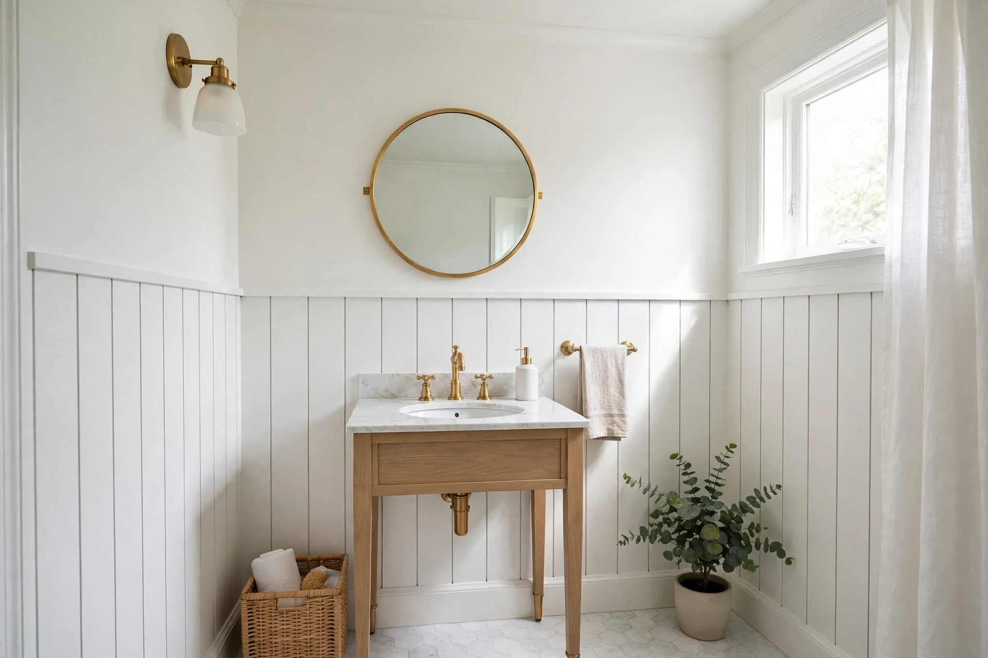 White shiplap half-wall backsplash behind a freestanding sink vanity