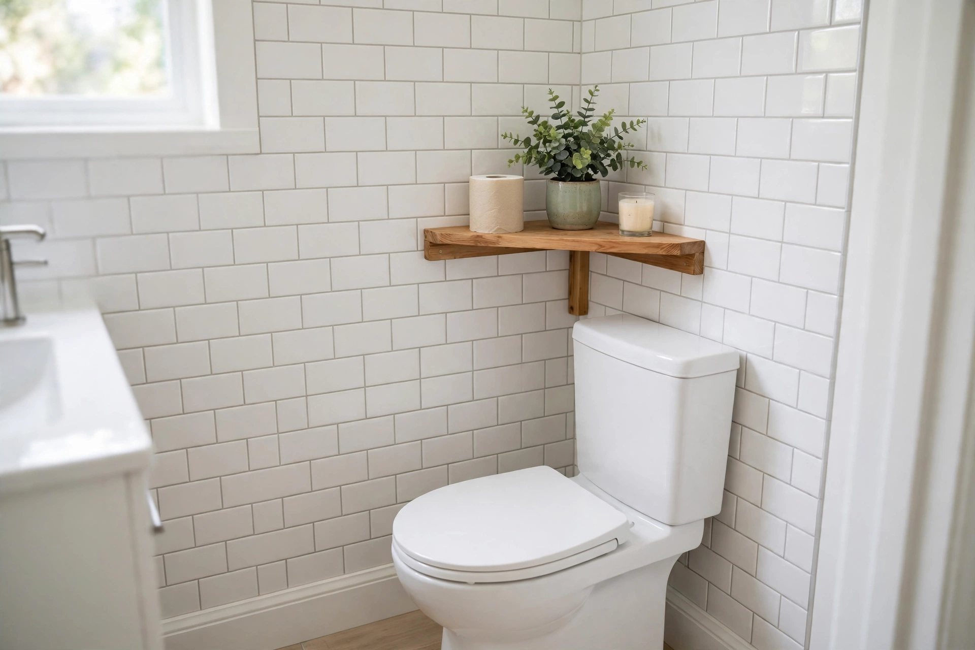 Wooden corner shelf over the toilet with a plant and candle
