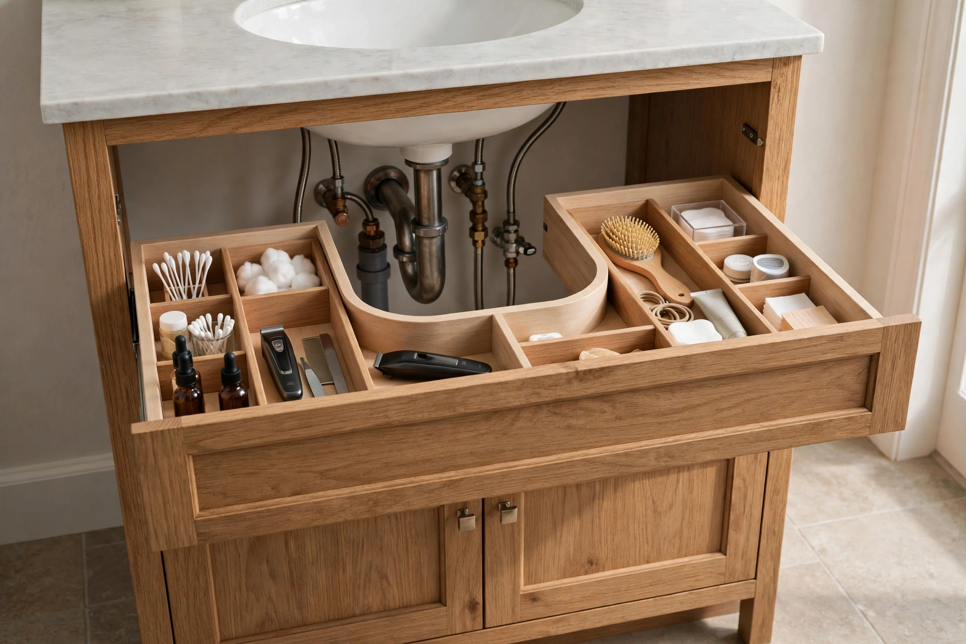 U-shaped vanity drawer fitted around sink plumbing pipes