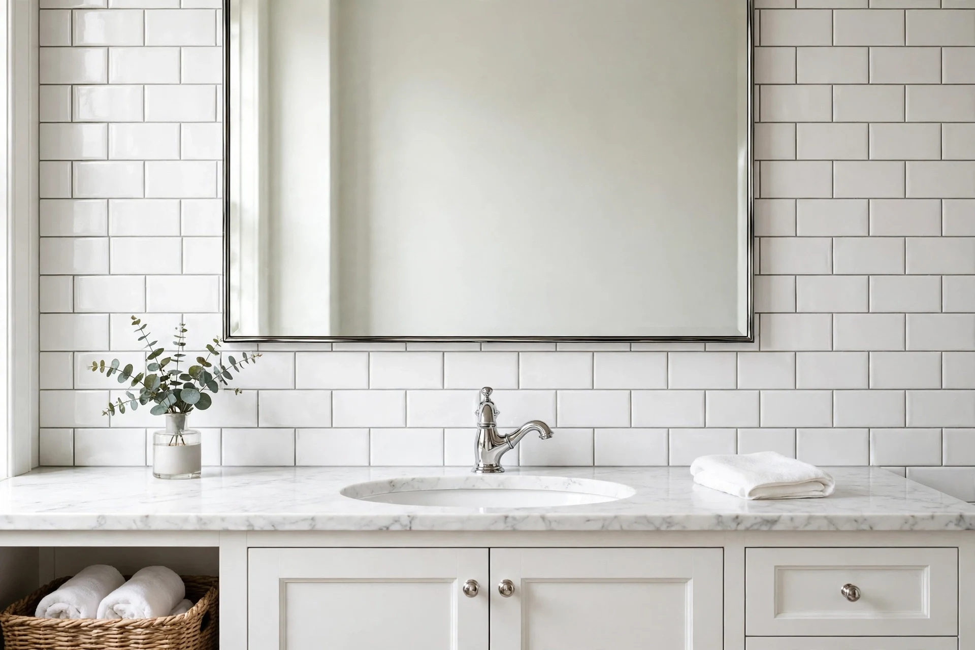 Classic white subway tile backsplash in a running bond pattern