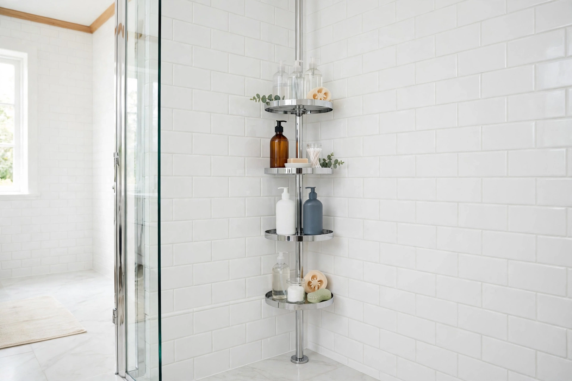 Tension pole corner shelf with four tiers in a shower corner