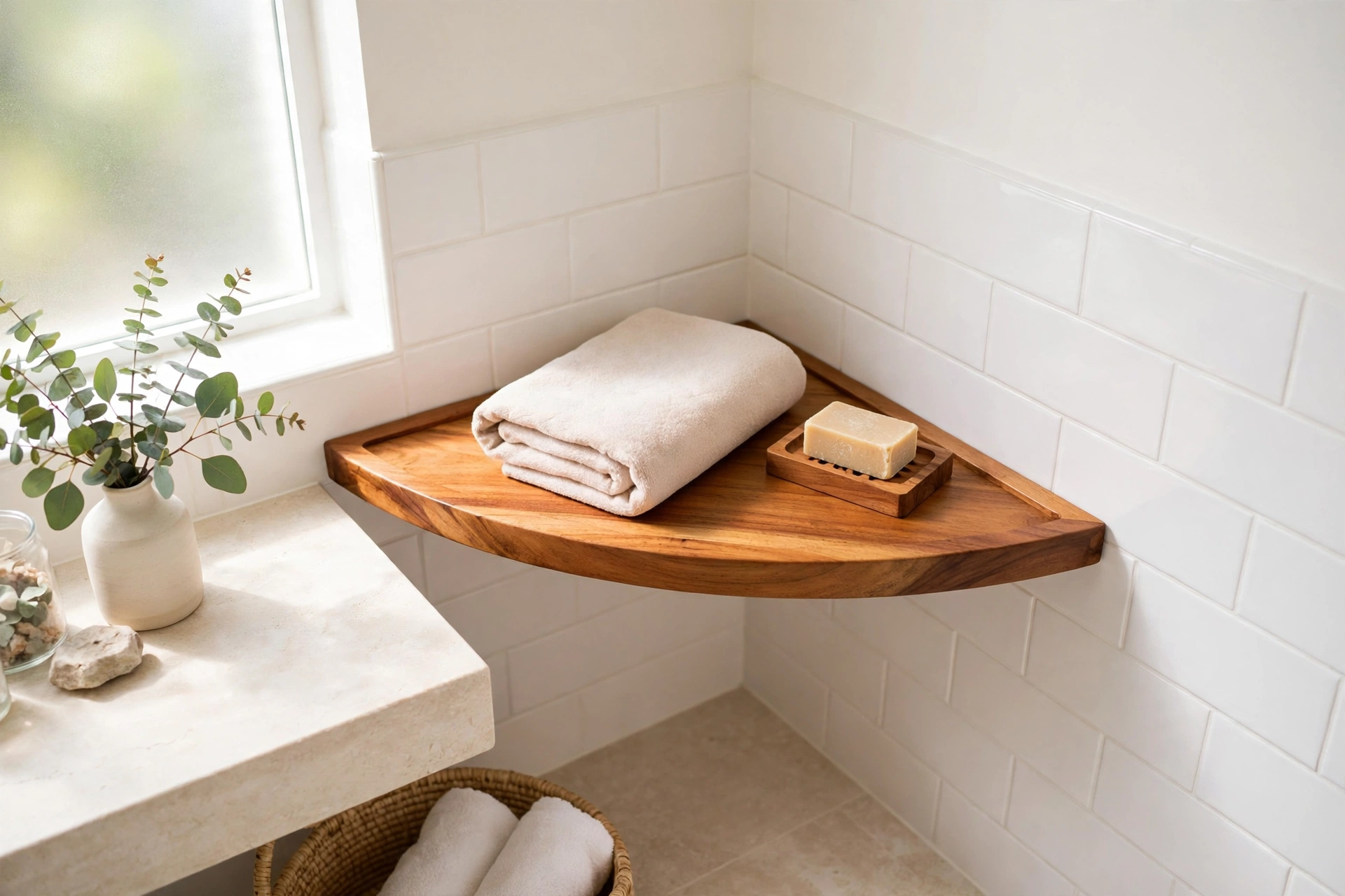 Teak corner shelf with folded towel and soap dish