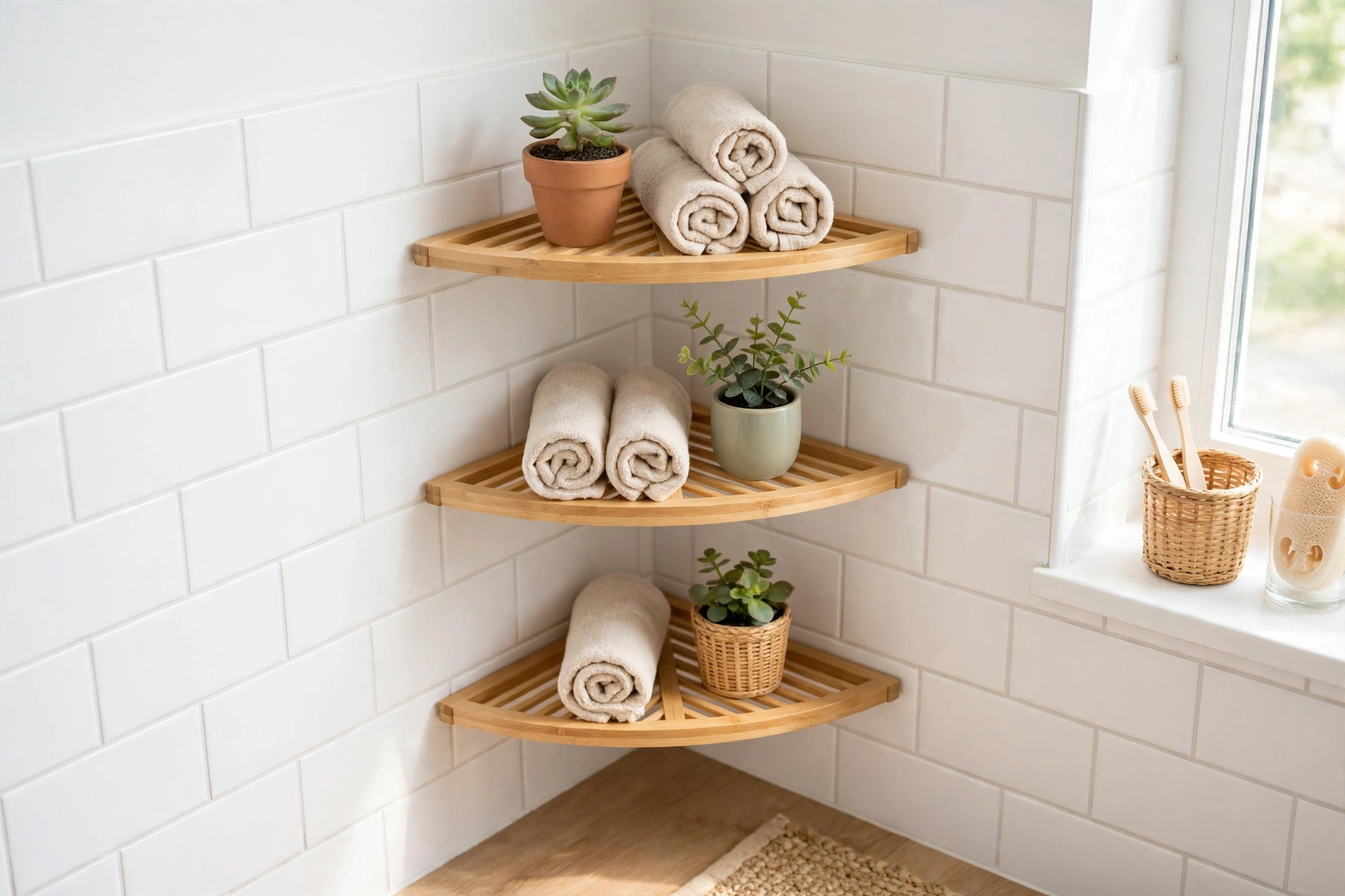 Bamboo corner shelves with a plant and washcloths