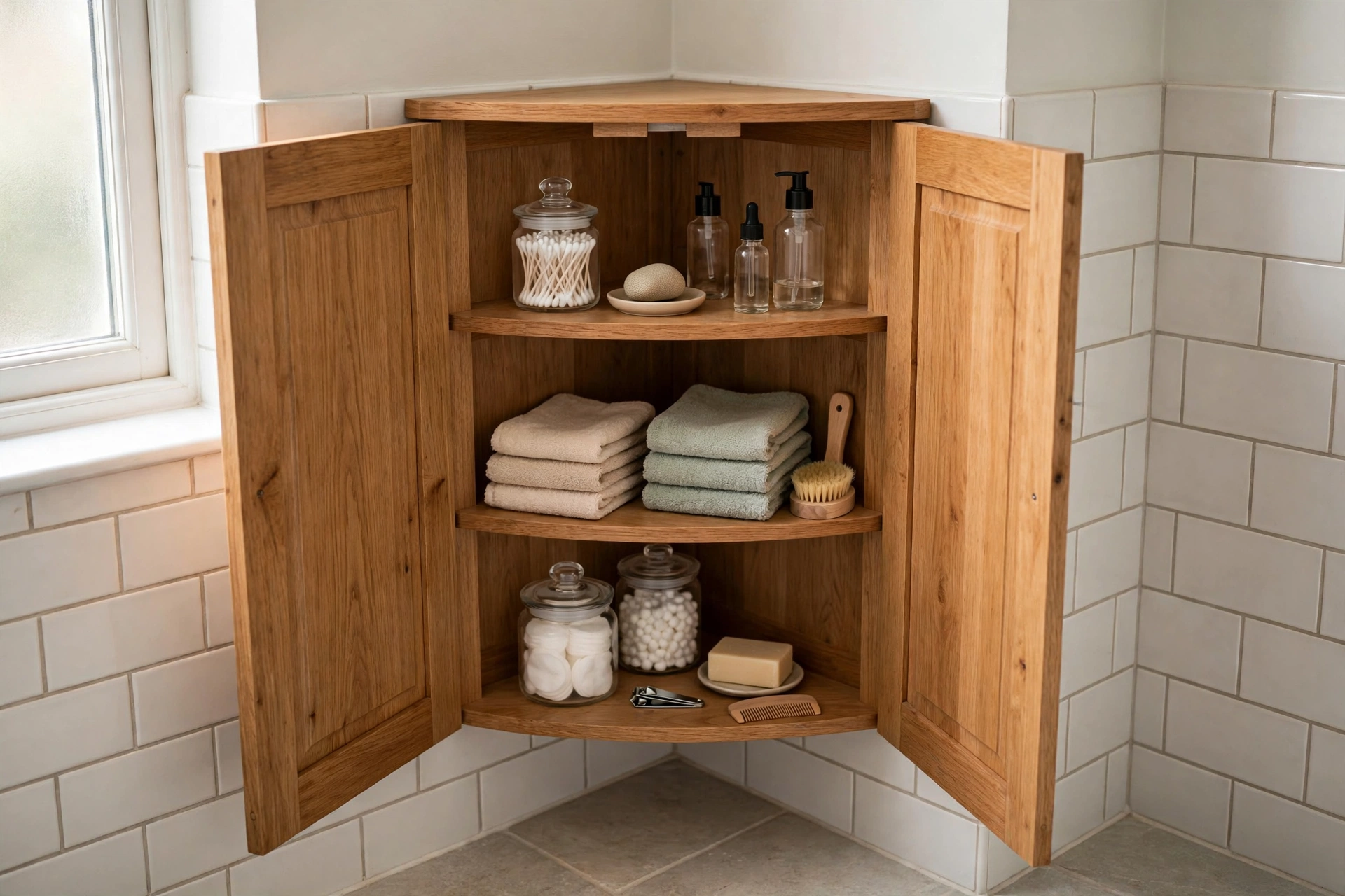 Triangular corner cabinet fitted into a bathroom corner
