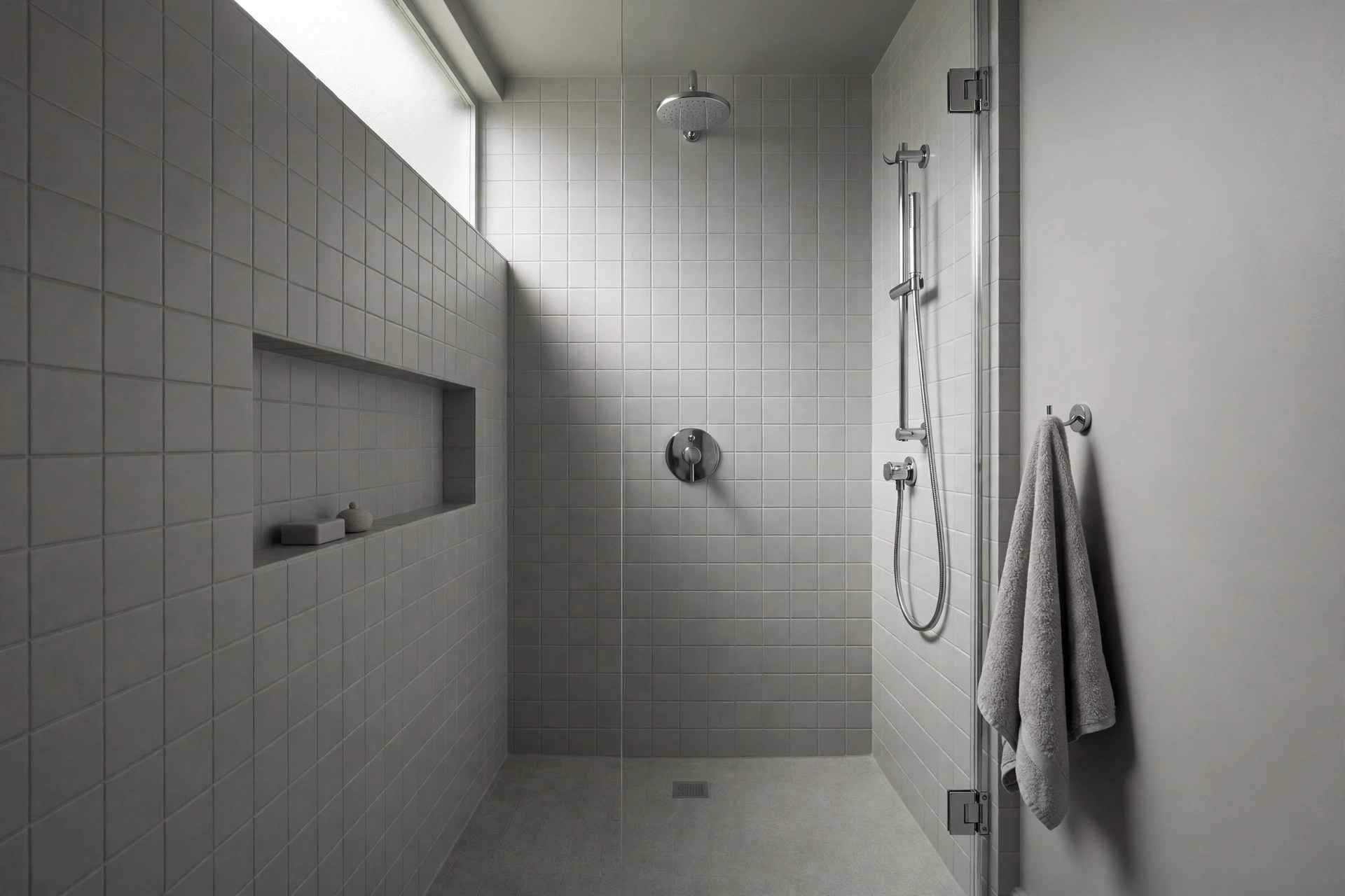 Monochrome soft gray tiles on walls and floor of a small shower