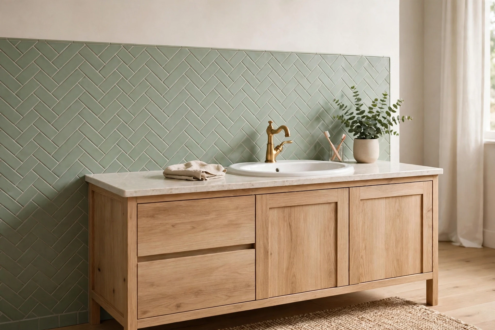 Soft green tiles in a herringbone pattern as a bathroom backsplash