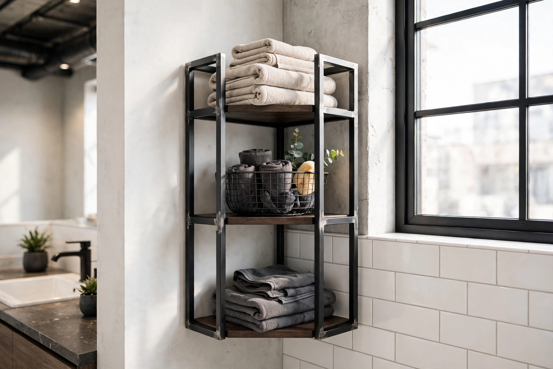 Industrial metal corner shelf with dark wood boards