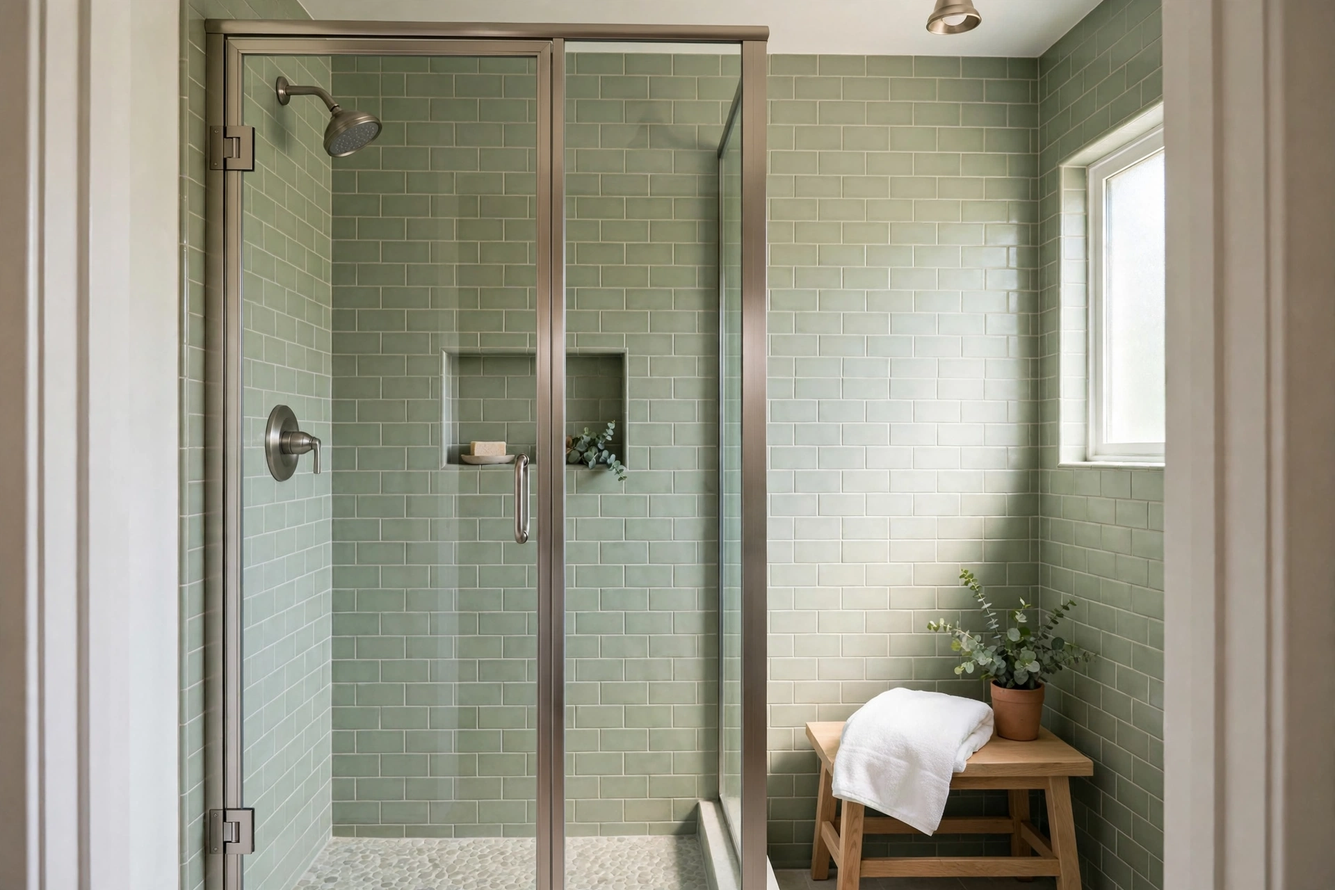 Sage green subway tiles in a small shower