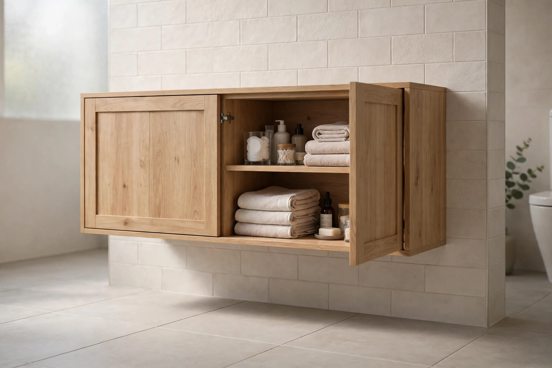 Wall-mounted floating bathroom cabinet with clear floor below